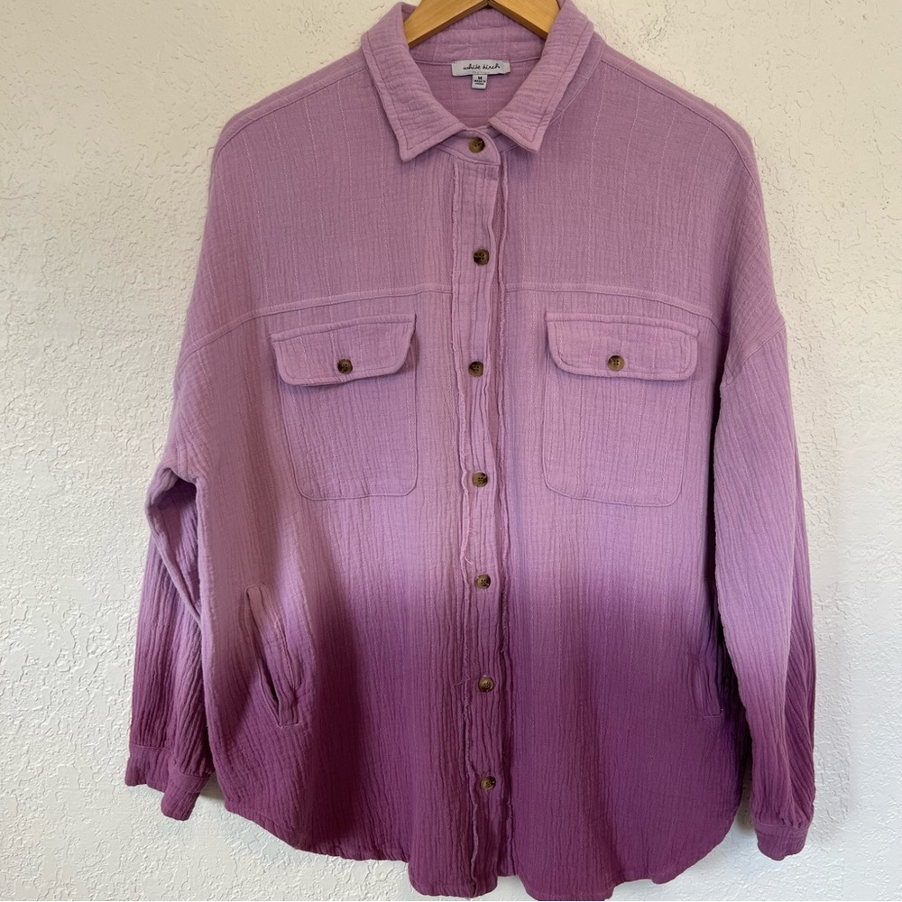 White Birch Oversized Gauzey Cotton Raw Hem Button Up Beachy Long Sleeve Pink M